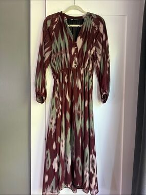 Zara Burgundy, Sage & Cream Abstract Print Long Sleeve Maxi Dress